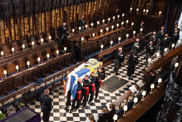 Pallbearers carry the coffin of the Duke of Edinburgh during his funeral at St George’s Chapel, Windsor Castle, Berkshire