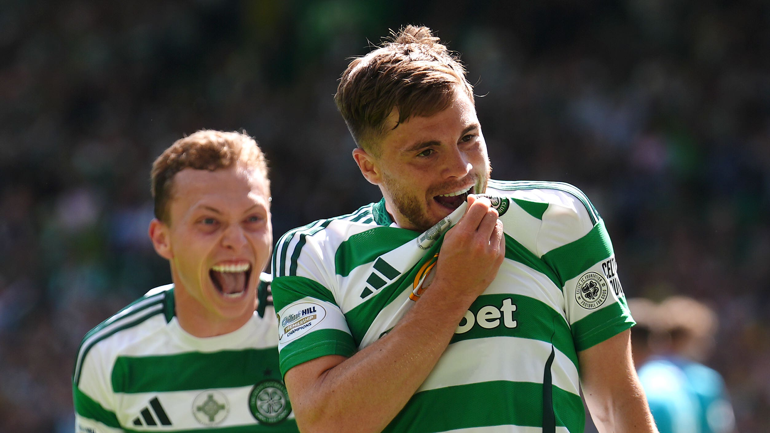 James Forrest celebrates his late equaliser (Andrew Milligan/PA)