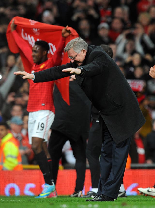 Manchester United manager Sir Alex Ferguson celebrates after the final whistle in a Premier League fixture against Aston Villa