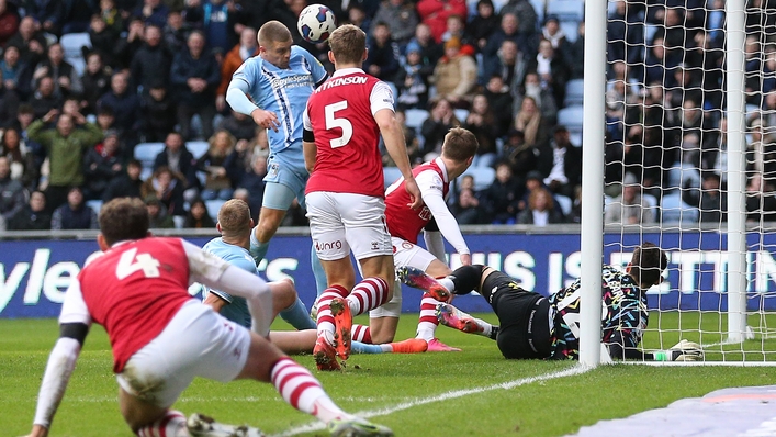 Jake Bidwell scores Coventry’s goal in the home draw with Bristol City (Nigel French/PA)