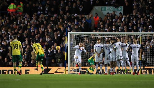 Norwich's Mario Vrancic scores from a free-kick against Leeds (PA)