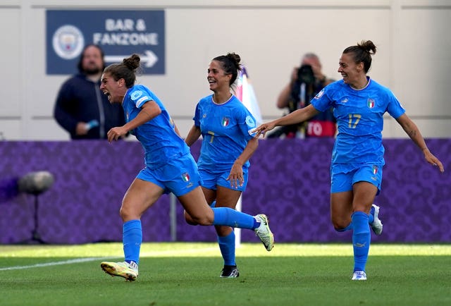 Valentina Bergamaschi, left, celebrates after scoring Italy's vital equaliser against Iceland