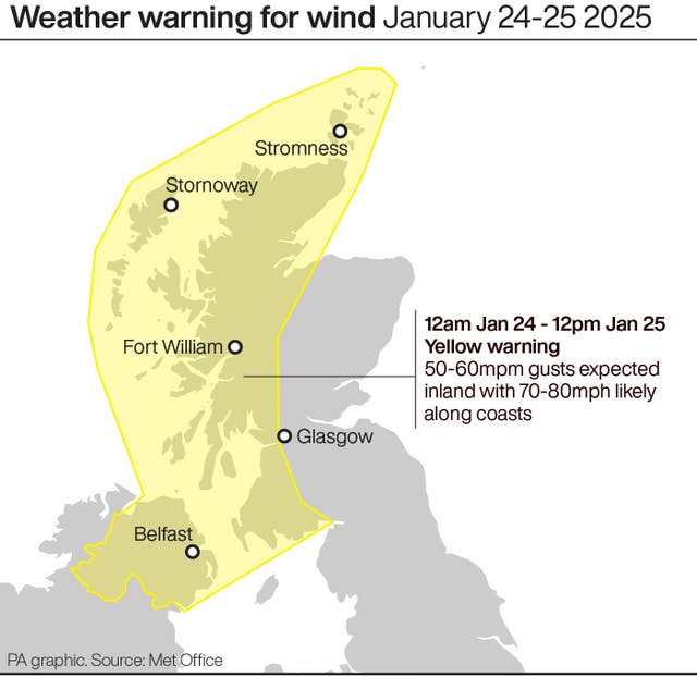 A diagram showing an area of Scotland impacted by a yellow weather warning from the Met Office