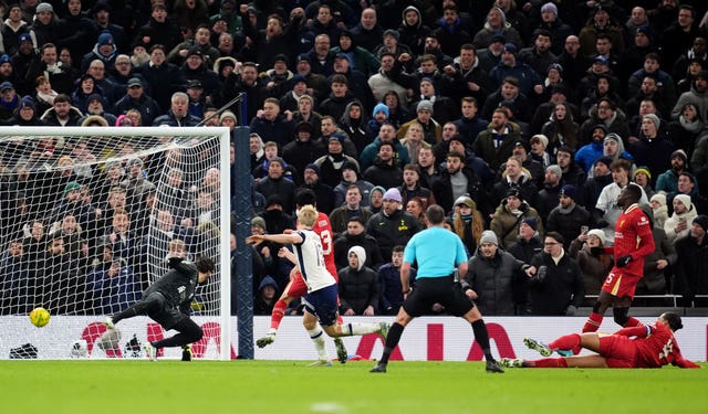 Lucas Bergvall scores past Alisson Becker as Virgil van Dijk slides on the floor