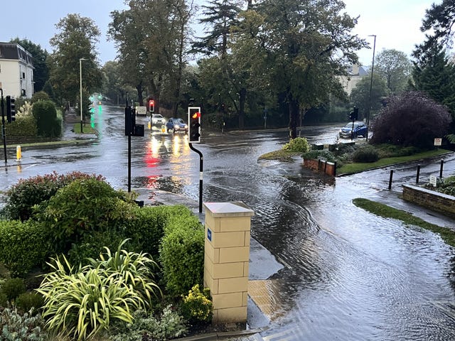 Flooding in Cheltenham, Gloucestershire, near Lansdown Road after a thunderstorm in the area