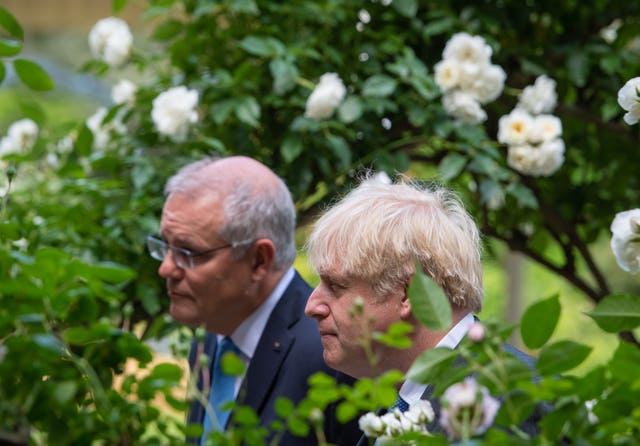 Prime Minister Boris Johnson with Australian prime minister Scott Morrison (Dominic Lipinski/PA)