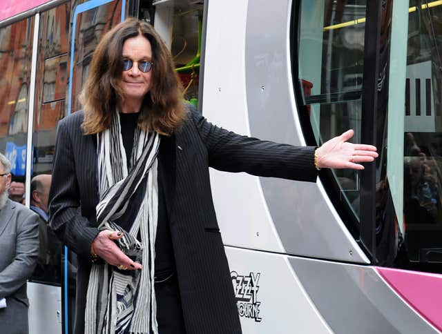 Black Sabbath frontman Ozzy Osbourne launches a Midland Metro tram bearing his name, on a newly-opened route in Birmingham city centre 