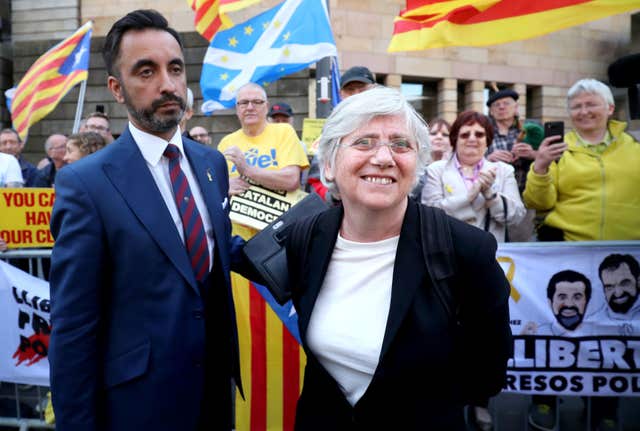 Clara Ponsati with her lawyer Aamer Anwar outside an earlier court hearing