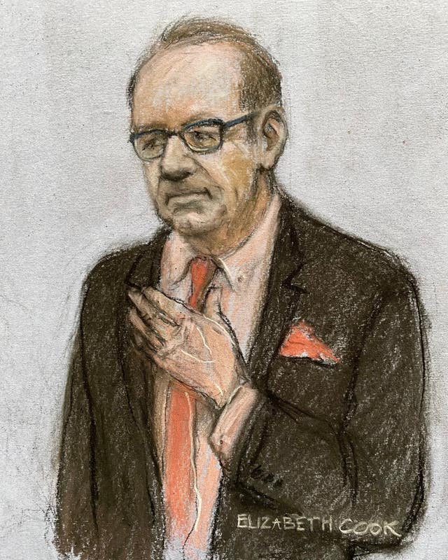 Court artist drawing by Elizabeth Cook of actor Kevin Spacey thanking the jury after he was found not guilty of sexually assaulting four men at Southwark Crown Court, London 