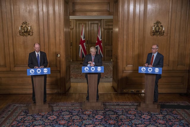 Professor Chris Whitty, Prime Minister Boris Johnson and Sir Patrick Vallance during a media briefing in Downing Street 