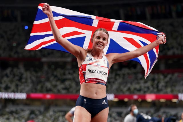 Keely Hodgkinson celebrates after claiming Olympic silver (Martin Rickett/PA).