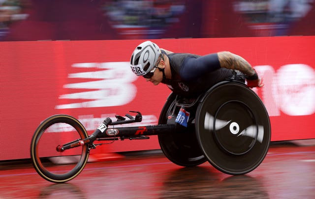 Great Britain’s David Weir in action during the elite wheelchair race