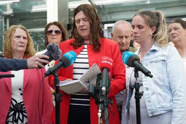 From left, Mary Collins, the mother of Tina Satchwell, Lorraine Howard, the half-sister of Tina Satchwell, and Sarah Howard, the cousin of Tina Satchwell, speak to the media outside Central Criminal Court in Dublin, where Richard Satchwell had been found guilty of the murder of his wife