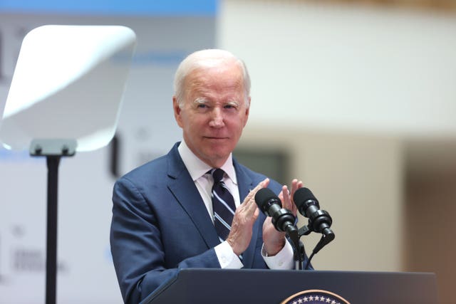US President Joe Biden delivers his keynote speech at Ulster University in Belfast (Liam McBurney/PA)