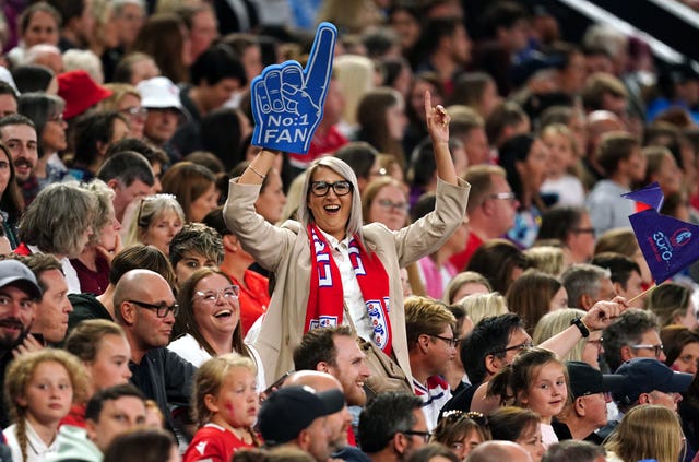 England fans in the stands at the Lionesses' match against Austria at Old Trafford (Martin Ricketts/PA).