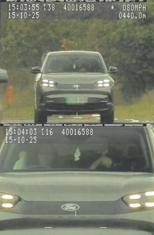 A screengrab from CCTV of Katie Price seen driving a Ford Capri at 80 mph on the A64