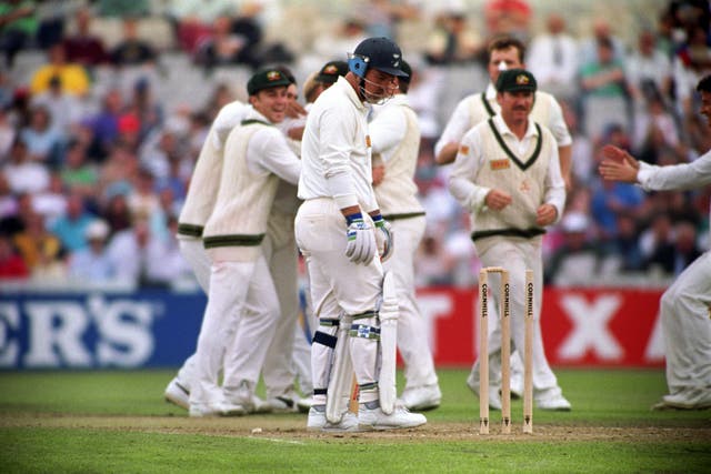 Mike Gatting reacts after being bowled by Shane Warne's ball of the century in 1993