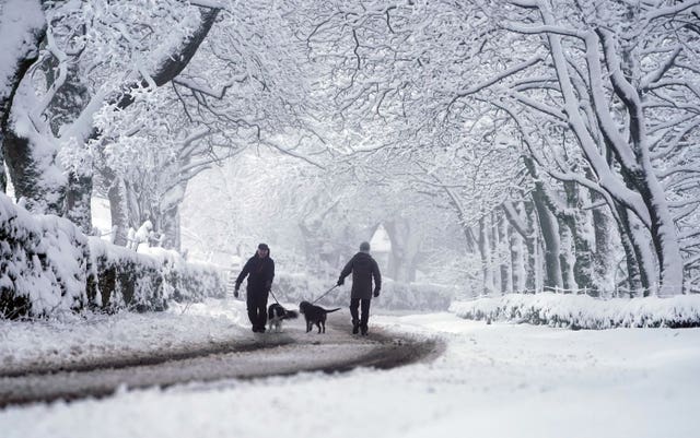 Dog walkers negotiate overnight snow