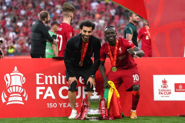 Mohamed Salah, left, and Sadio Mane celebrates Liverpool's FA Cup win