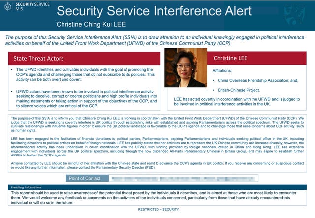 The MI5 Security Service Interference Alert warning on  Christine Lee