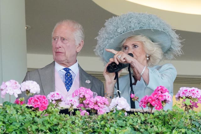 Charles and Camilla, holding binoculars, watching the racing from the royal box at Royal Ascot