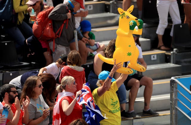 Australian fans soak up the atmosphere at the beach volleyball event at Smithfield