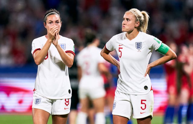 England’s Jodie Taylor (left) and Steph Houghton after the final whistle in their World Cup semi-final defeat by the USA in 2019 