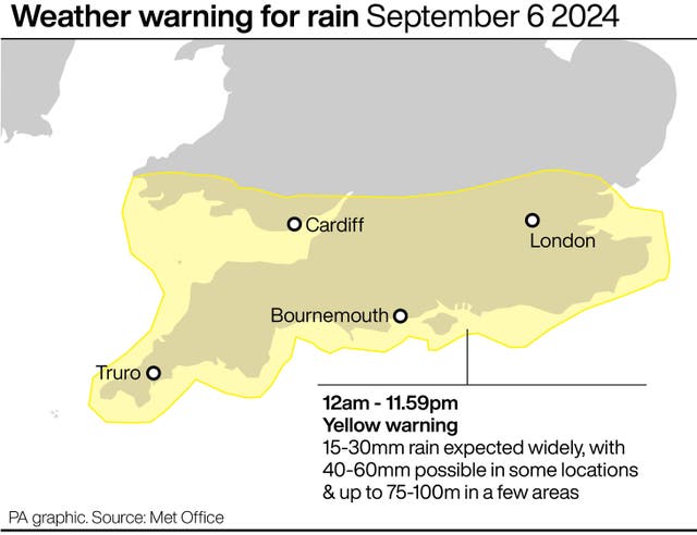 Map of southern England and Wales showing weather warning for rain September 6 2024