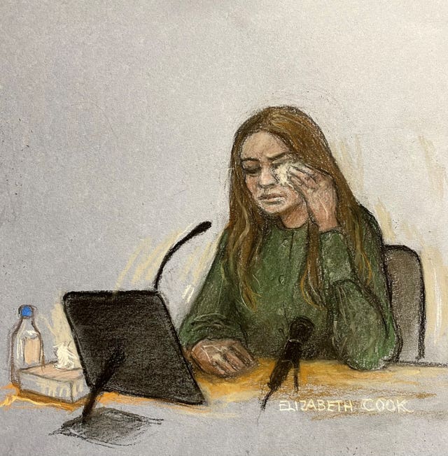 Court artist sketch of Liz Hurley giving evidence