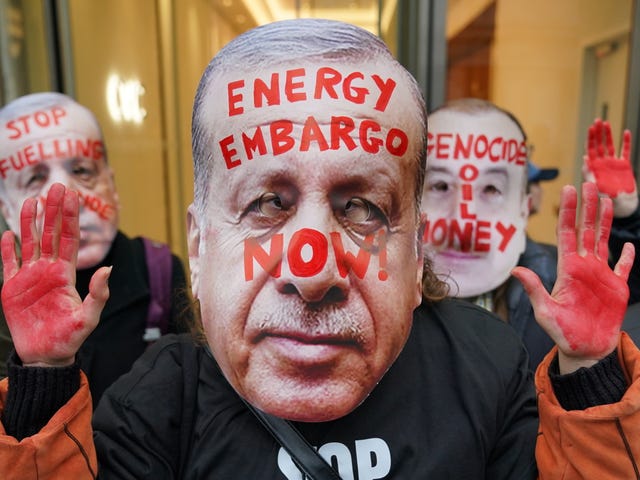 Protesters during the Climate Justice Coalition’s March stop outside the office of Socar in the Strand, central London