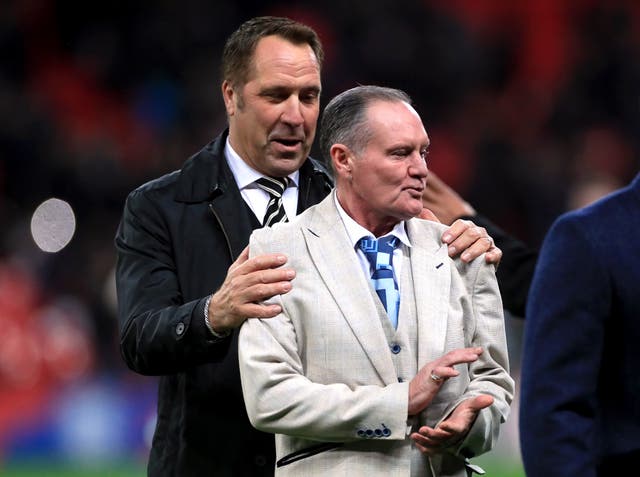 Former England players David Seaman, left, and Paul Gascoigne took to the pitch at half-time 