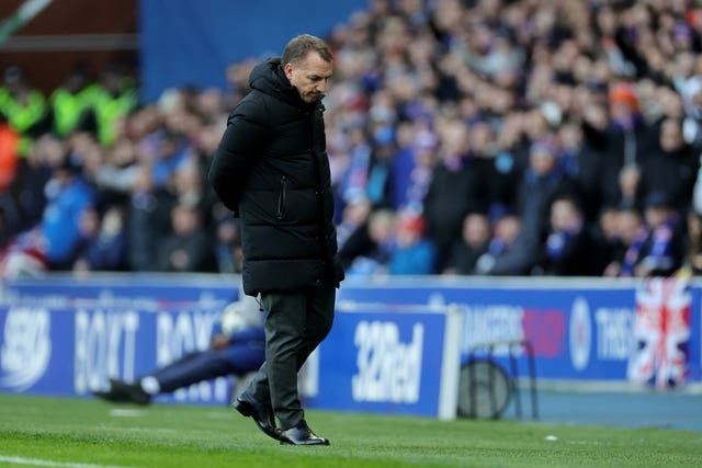 Celtic manager Brendan Rodgers looks down to the ground during his side's 3-0 loss at Rangers