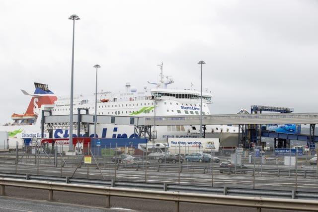 A lorry drives on to the Stena Line Superfast VII at Belfast Port