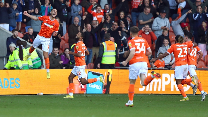 Jerry Yates (left) scored twice in Blackpool’s derby win over Preston (Tim Markland/PA)