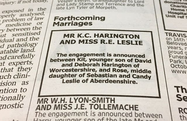 The announcement in The Times newspaper of the engagement between Game Of Thrones stars Kit Harington and Rose Leslie (PA)