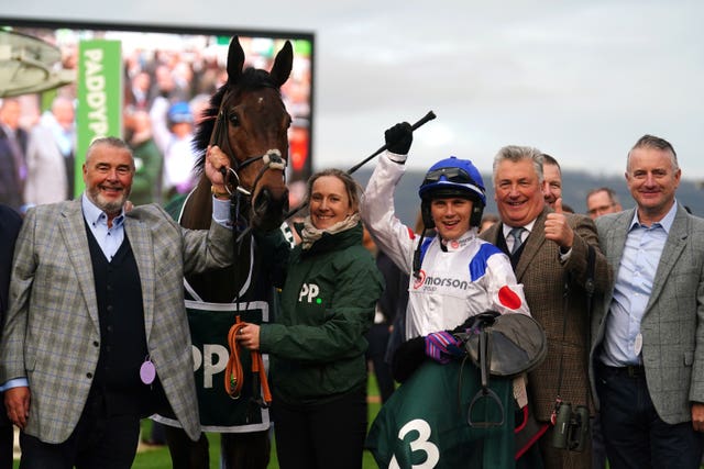 Paul Nicholls, Freddie Gingell and connections after winning the Paddy Power Gold Cup