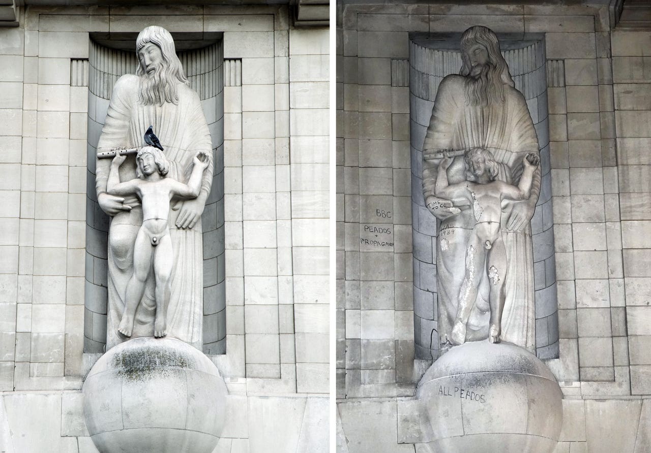 Man arrested after statue at BBC headquarters attacked with a hammer