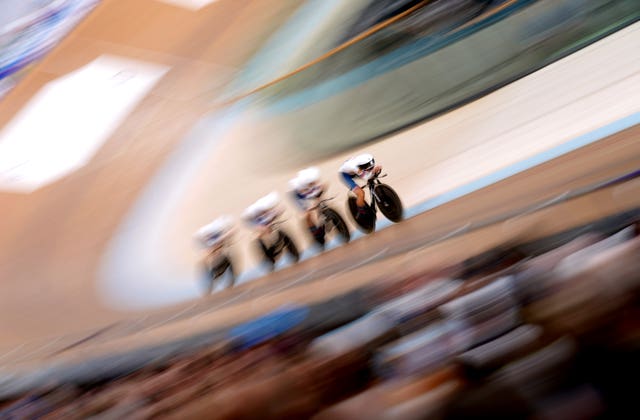Great Britain's Katie Archibald, Elinor Barker, Josie Knight and Anna Morris compete in the team pursuit qualifying race in Glasgow