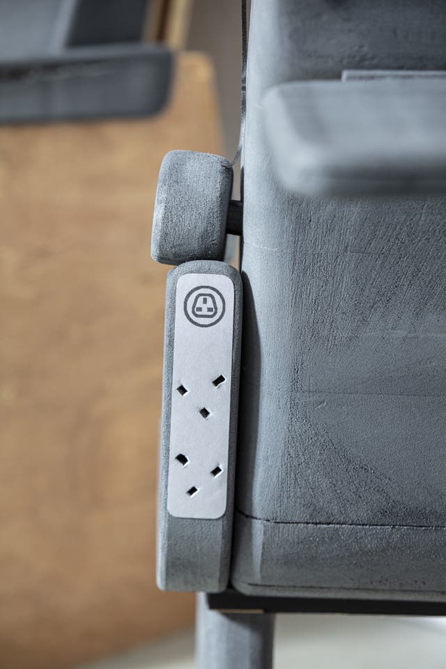 A test seat for an HS2 train with power sockets 