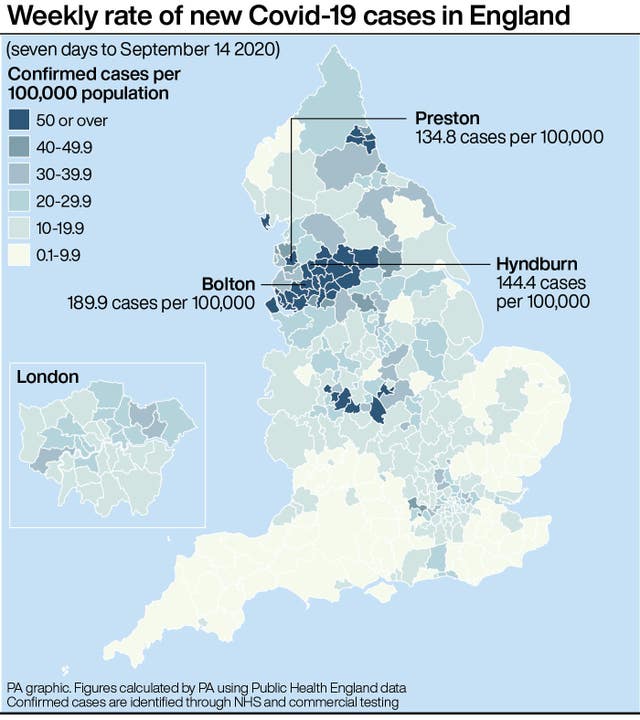 Weekly rate of new Covid-19 cases in England