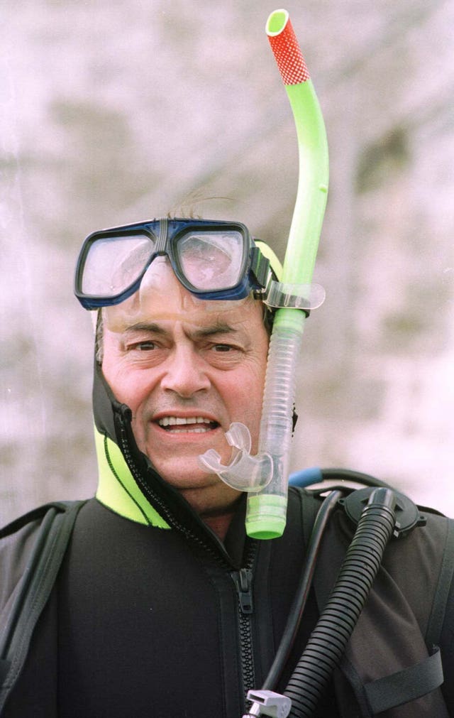 Lord Prescott, pictured here with a snorkel diving off the coast of Northumberland in 1997