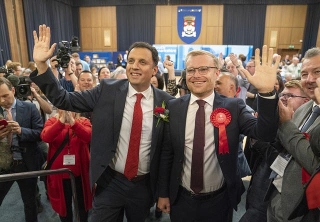 Then-Scottish Labour leader Anas Sarwar with candidate Michael Shanks at the count for the Rutherglen and Hamilton West by-election (Jane Barlow/PA)