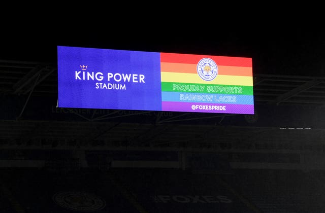 A rainbow laces sign is displayed at Leicester 