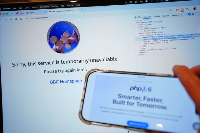 A page on the BBC website showing it is unavailable, in front of 