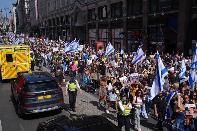 People take part during a Bring Hostages Home event in central London, to demand the immediate release of Israeli hostages from Gaza