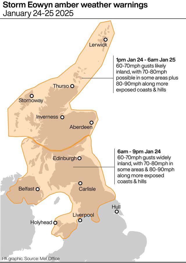 Map of UK with amber warning areas highlighted