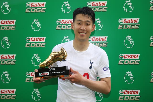 Tottenham’s Son Heung-min poses with the Golden Boot after reaching 23 goals for the season
