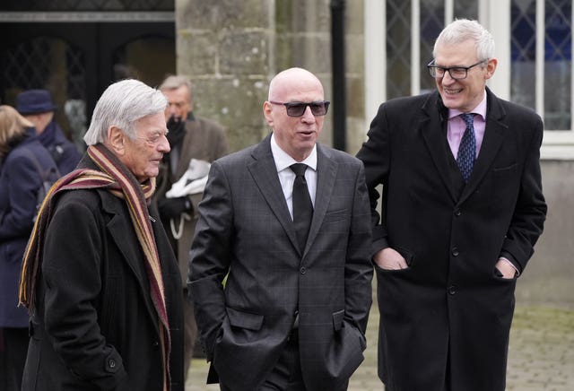 (left to right) Tony Blackburn, Ken Bruce and Jeremy Vine at the funeral of DJ Johnnie Walker