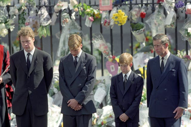 Charles, Earl Spencer, Harry and William walking behind the funeral cortege of Diana, the Princess of Wales