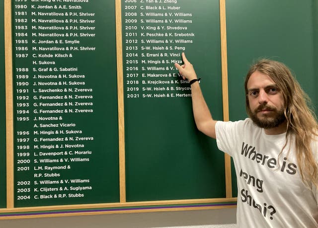 Protester Jason Leith in front of the Wimbledon honours board to draw attention to Peng Shuai